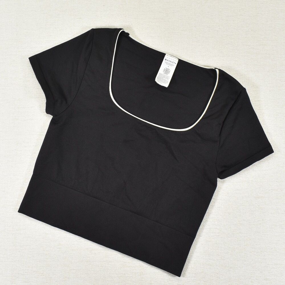 Athleta Seamless Short Sleeve Crop Top Womens Medium M Black Scoop Neck Active